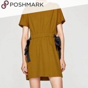 Zara Trafaluc Olive Green Mustard Mini Dress with Blue Ribbon Waistband